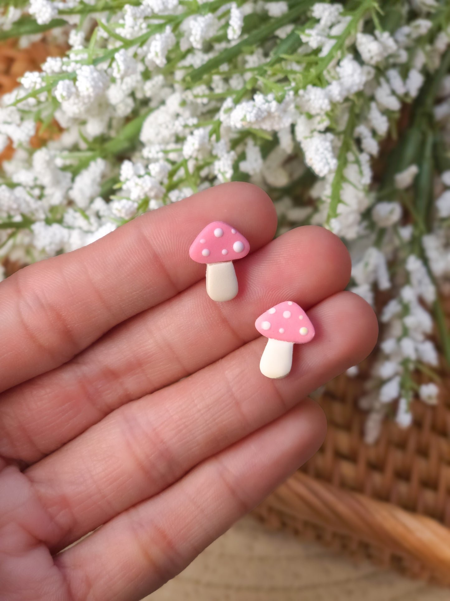 Pink Spotted Mushroom Stud Earrings