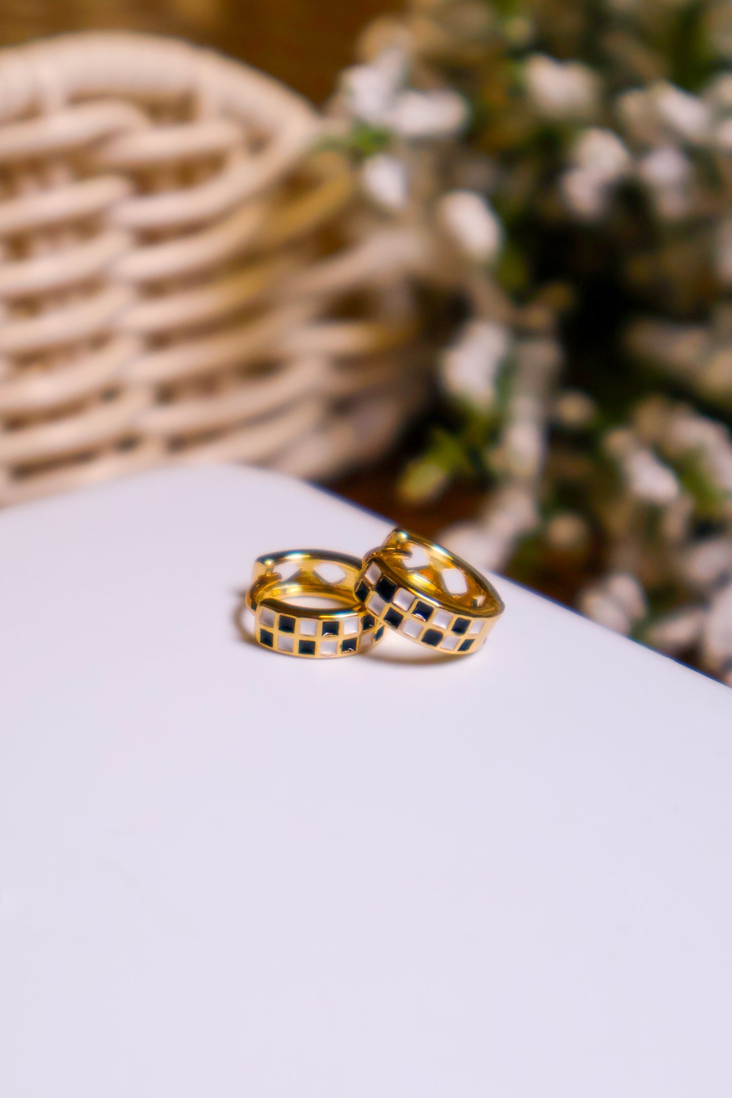 24K Gold Filled Checkered Enamel Huggie Hoops | Black