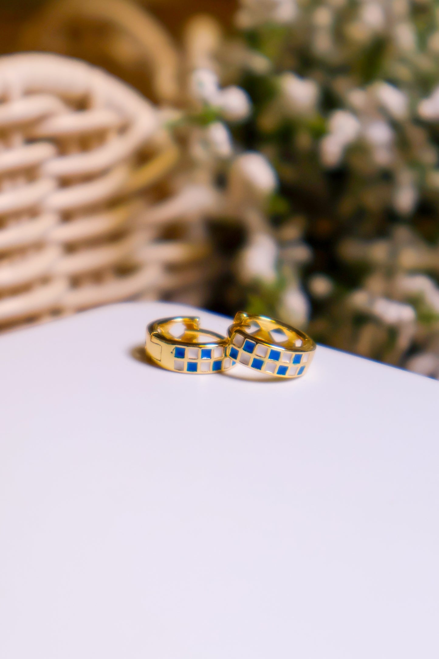 24K Gold Filled Enamel Checker Huggie Hoops | Blue
