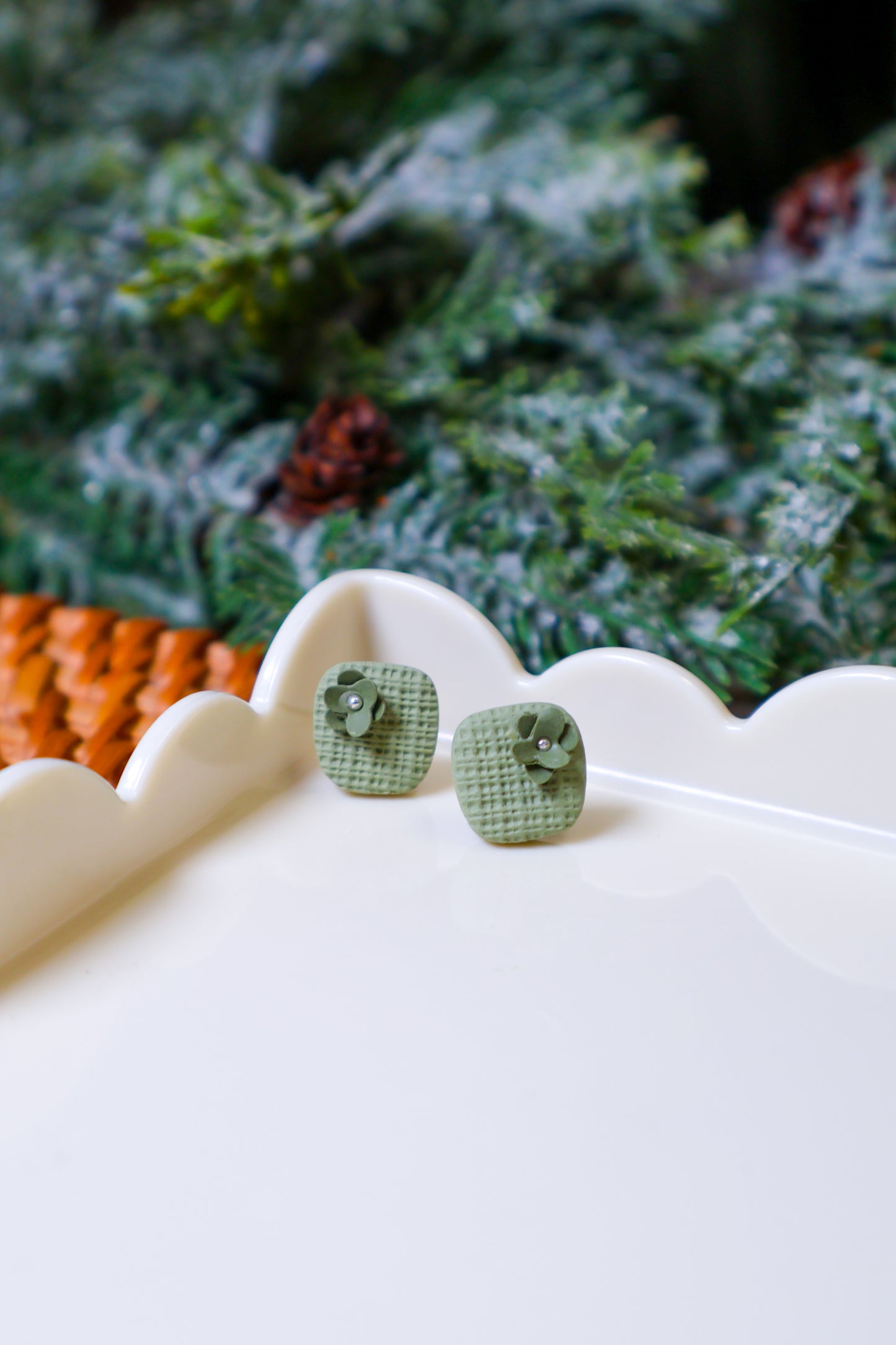 Green Floral Linen Textured Stud Earrings