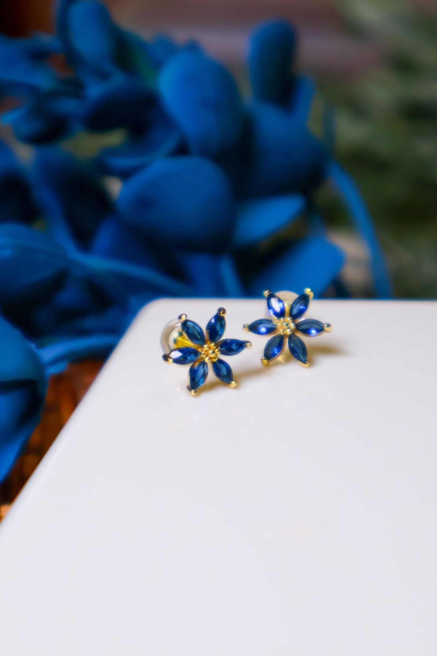 14K Gold Filled Blue CZ Flower Stud Earrings
