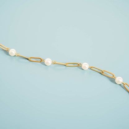 18K Gold PVD Steel Station Pearl Paperclip Chain Bracelet