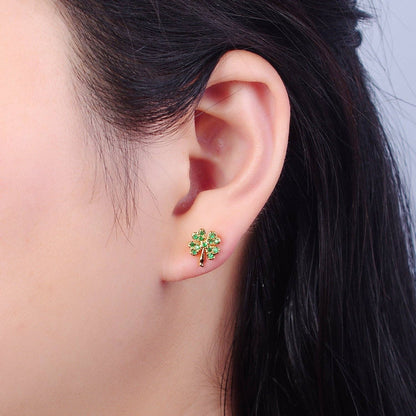 24K Gold Filled CZ Four Leaf Clover Stud Earrings