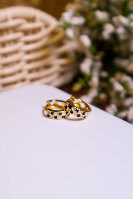24K Gold Filled Checkered Enamel Huggie Hoops | Black