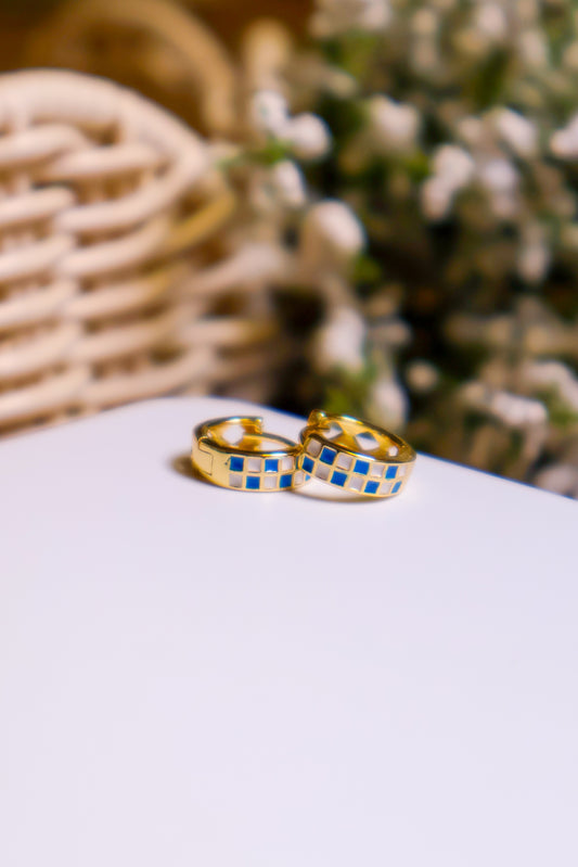 24K Gold Filled Enamel Checker Huggie Hoops | Blue