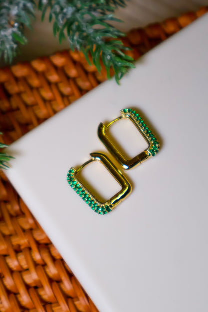 Gold Plated Green CZ Rectangle Hoops