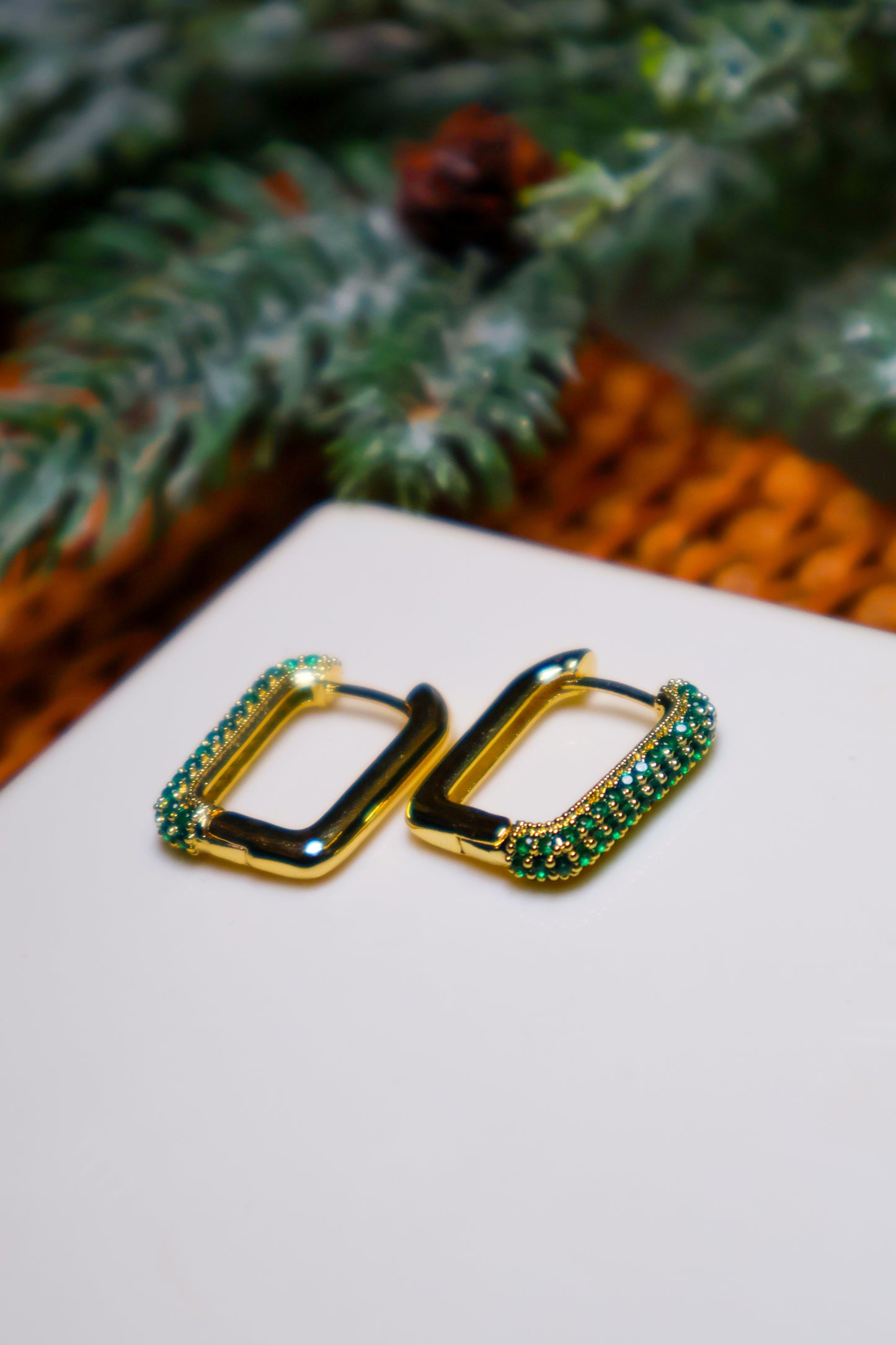 Gold Plated Green CZ Rectangle Hoops