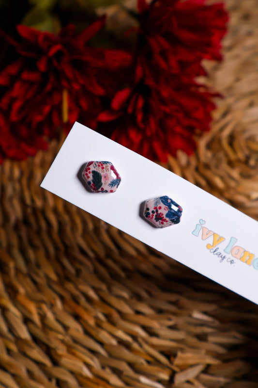 Hexagon Stud Earrings | Winter Berry Floral Editon