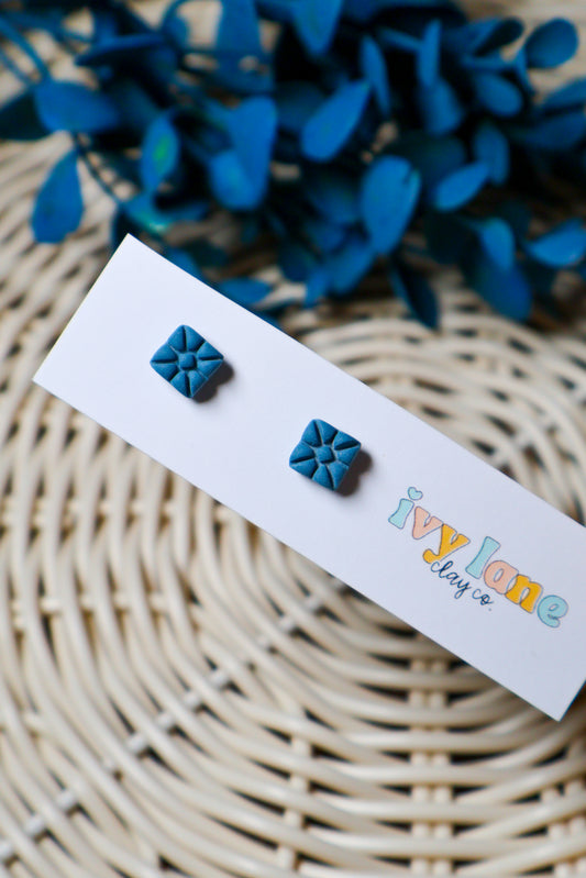 Blue Quilted Square Stud Earrings