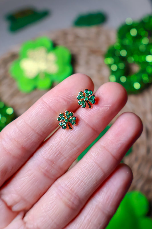 24K Gold Filled CZ Four Leaf Clover Stud Earrings