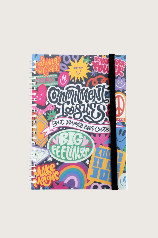 Colorful notebook with text and graphics on a white background